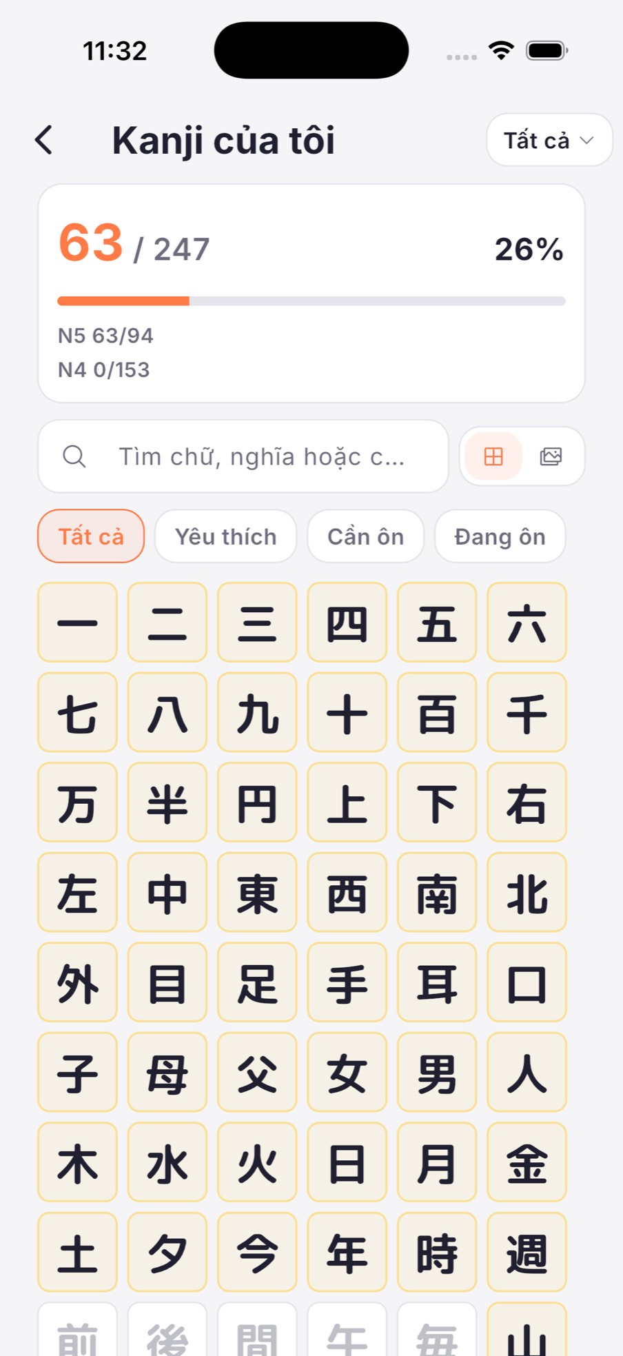 Kanji của tôi: tiến độ 63/247 chữ và lưới chữ đã học