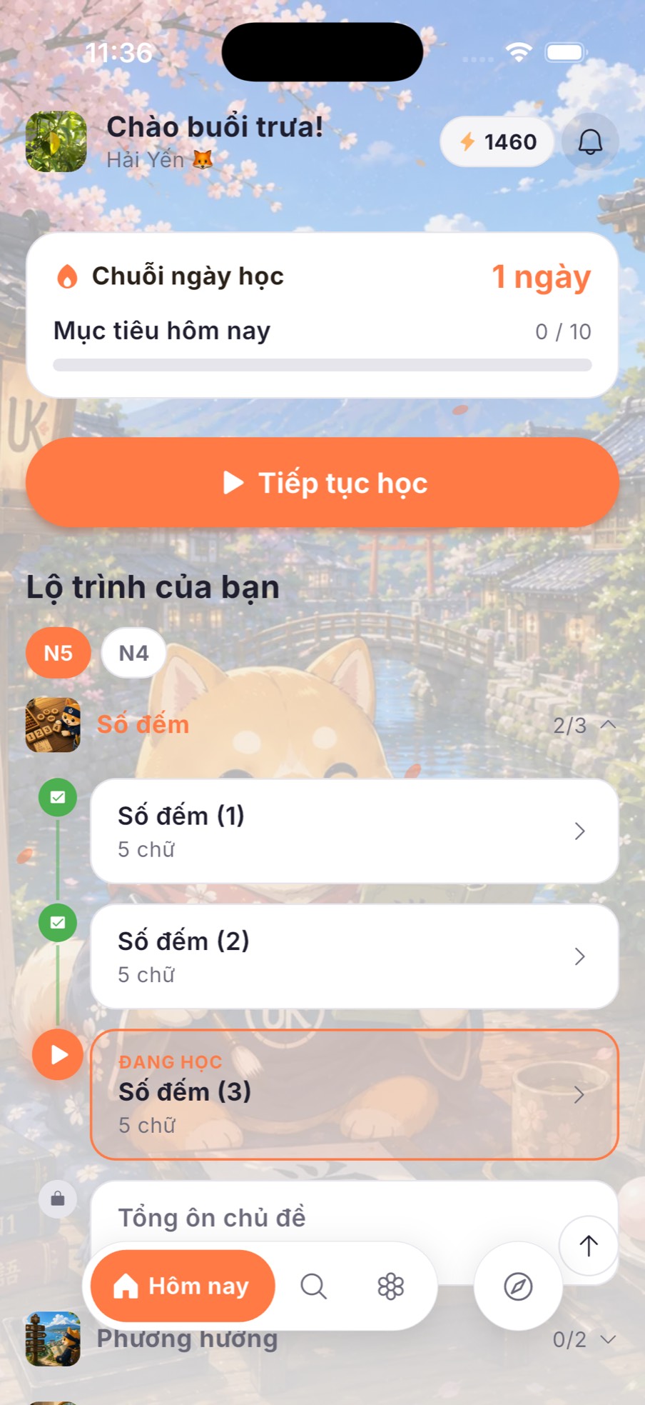 Màn hình chính UKAN: chuỗi ngày học và lộ trình chủ đề