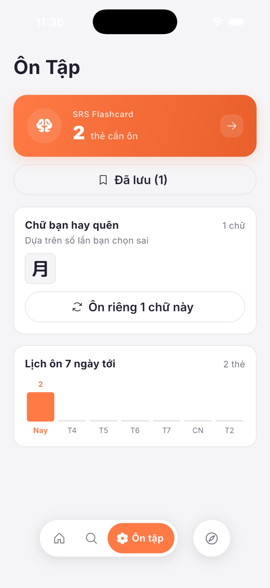 Màn Ôn tập: thẻ đến hạn, chữ hay quên và lịch ôn 7 ngày